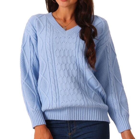 V Neck Long Sleeve Casual Loose Chunky Warm Pullover Sweater Top Blue - Picture 1 of 5